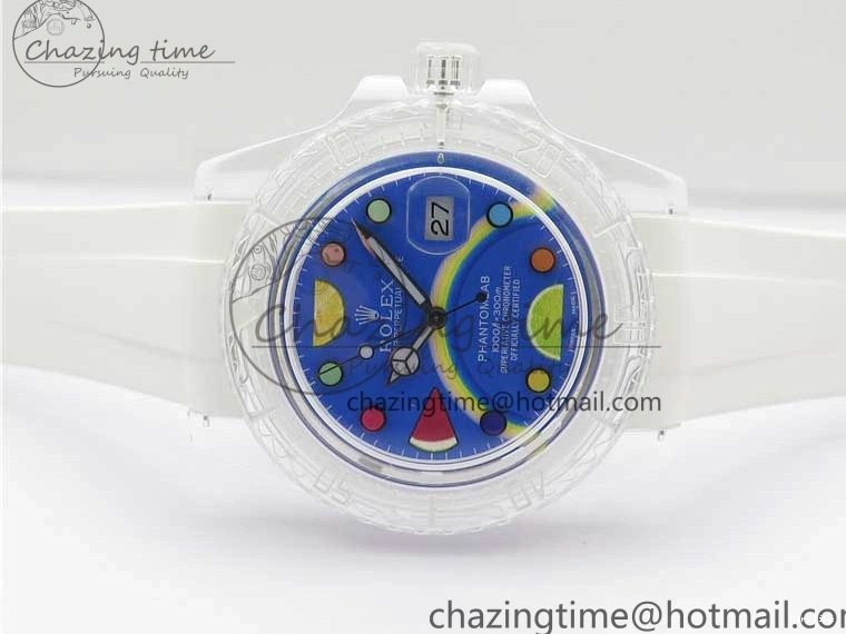 MiroTime 0123 Submariner Phantomlab Transparent KZF Best Edition Blue Fruit Dial on White Rubber Strap VR Classic 2563